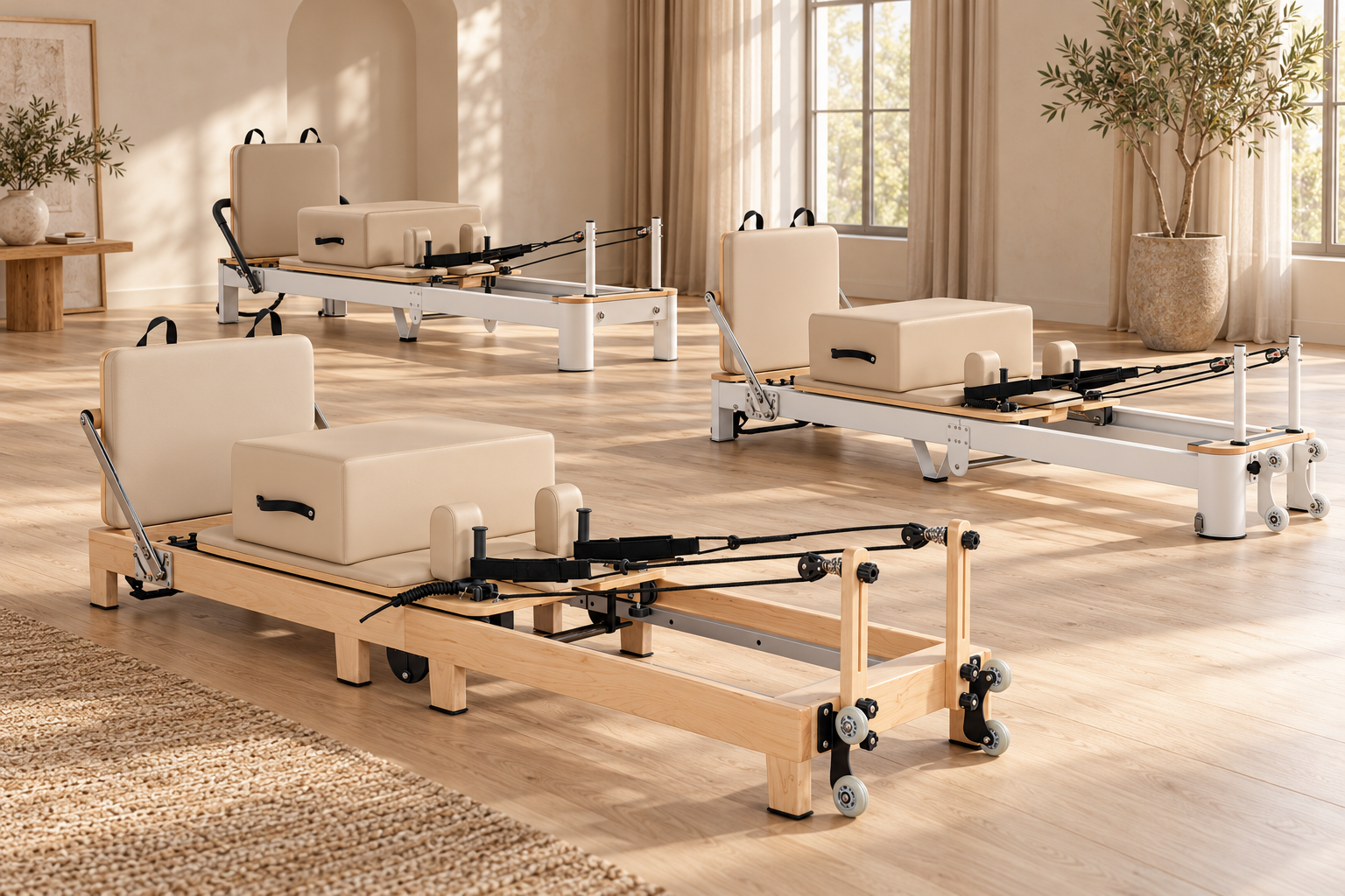 Illustrative studio setting with wooden and aluminium Pilates reformers together